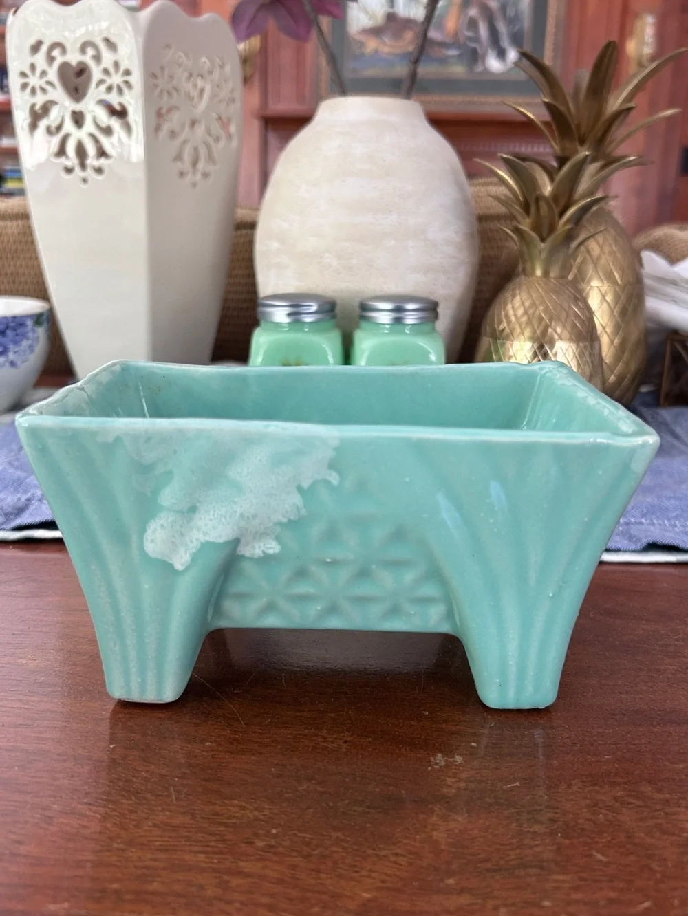 Mid Century Modern Cookson Pottery Aqua Ceramic Footed Planter 6.5 x 4 x 3.5